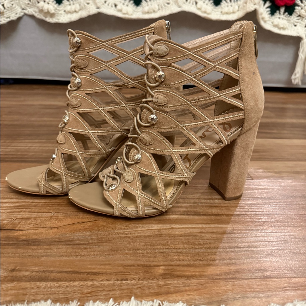 Sam Edelman Yeager Open-Toed Caged Block Heels In Nude Oatmeal Tan